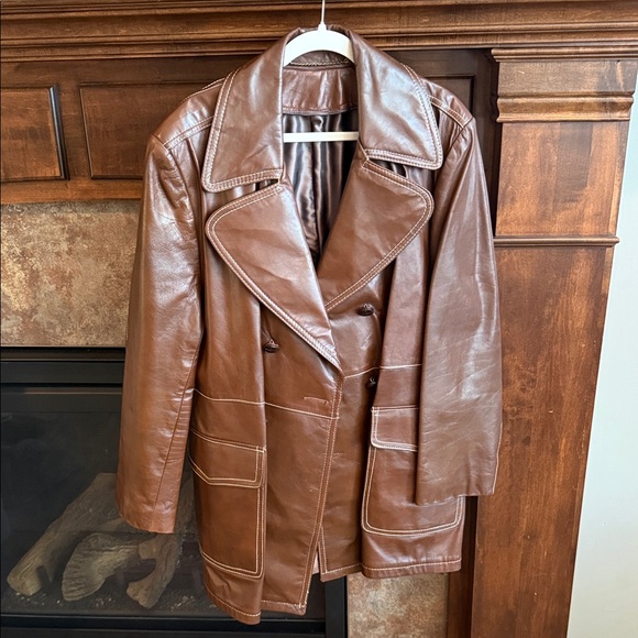 Vintage brown leather jacket coat statement lapel and stitching size 42 1970s - Picture 3 of 17